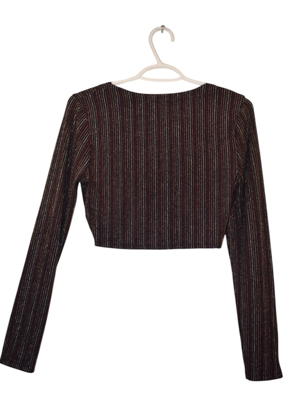 Forever 21 Black Glitter Stripe Twist-Front Long Sleeve Crop Top - Picture 5 of 7
